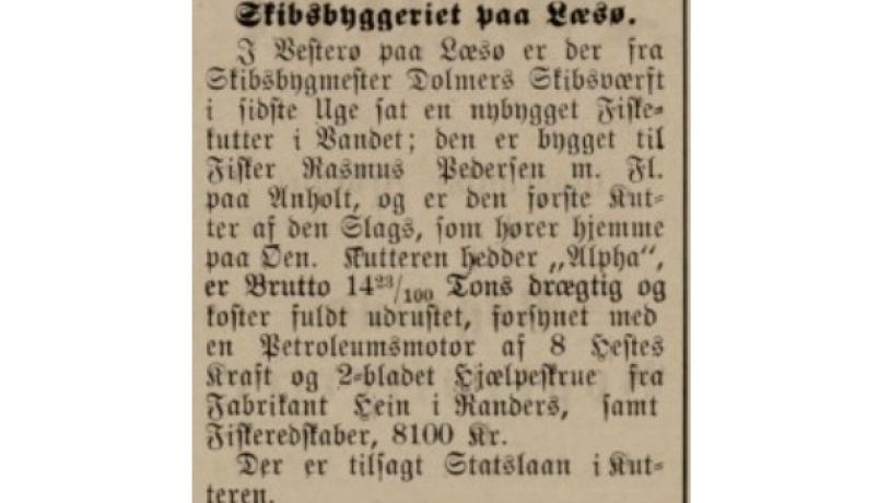 Frederikshavn Avis maj 1906 - Skibsbygmester Dolmers værft - en fifle-kutter til Anholt_lille